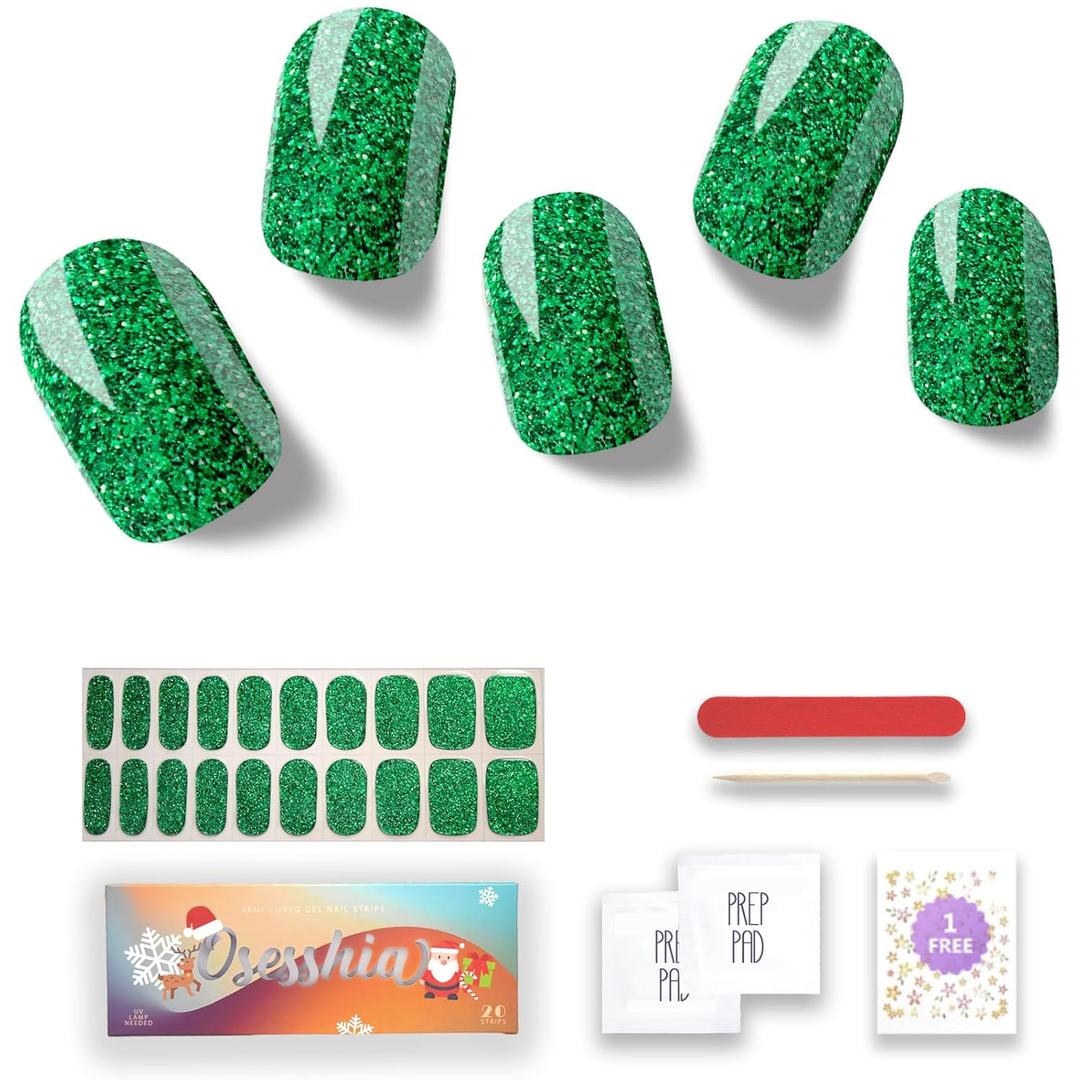 Semi Cured Gel Nail Strips, 20 pcs Nail Wraps, Glaze Stickers, Salon Quality French Manicure, Full Decal Gel Polish Strips, Long Lasting SCG, UV Lamp Required (Shamrock Dew)