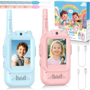 Video Walkie Talkie for Kids - 2 Pack Rechargeable Kids Walkie Talkies Long Range Radios, Video Intercom & Voice Effects, Christmas Birthday Gifts, Toys for Age 3-12 Boys Girls, Indoor Outdoor Travel (Blue+Pink)