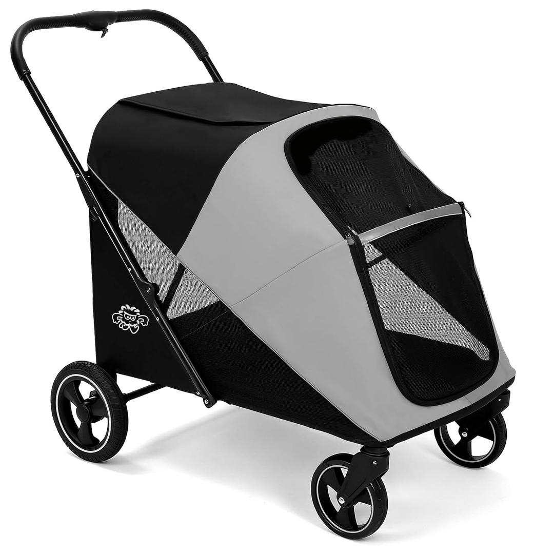 Dog Stroller for Large & Medium Dogs, 4 Wheels Pet Stroller for Large Dogs up to 120lbs, Extra Large Dog Stroller with Foldable Design, Sun Shades, Storage Pocket, Breathable Mesh (Large-walk-in)
