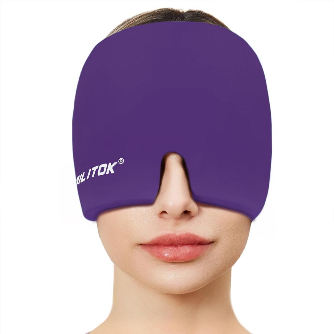 Migraine Headache Relief Cap, Gel Ice Head Wrap, Hot and Cold Therapy, Headache Eyes Mask for Sinus, Puffy Eyes, Tension and Stress Relief (Purple)