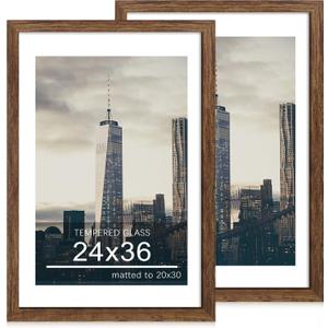 24x36 Poster Frame Set of 2, 24 x 36 Wood Picture Frames with Mat for 20x30, Wooden Photo Frame with Tempered Glass Cover for Wall Mounting Display, Rustic Brown, 24x36-2Pack