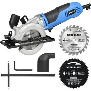 Mini Circular Saw, 6Amp 5200RPM Corded Circular Saw with Rip Guide, 24T TCT Wood Blade & 60T HSS Metal Blade 1.67" Cutting Depth at 90, 1" at 45 for Bevel Cuts, for Wood, Thin Metal, PVC