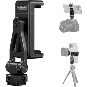 NEEWER Metal Phone Tripod Mount with Cold Shoes, 1/4" Thread, 180 Tilt, 360 Rotation, Adjustable Phone Clamp Holder Compatible with iPhone 17 Pro Max 16 15 Samsung S25 S24 Ultra Camera Cage, GA010