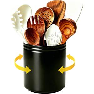 Utensil Crock for Kitchen Counter, 360° Rotating Large Kitchen Utensil Holder, 6.6" Ceramic Black Kitchen Utensil Holder, Spatula Holder with Cork Bottom