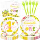 2 x 96Pcs Lemon 1st Party Plates Supplies Pink Yellow Our Little Lemonade Is Turning One First Birthday Tableware Decorations Disposable Paper Plates Napkins Forks for Kids Baby Shower, Serves 24