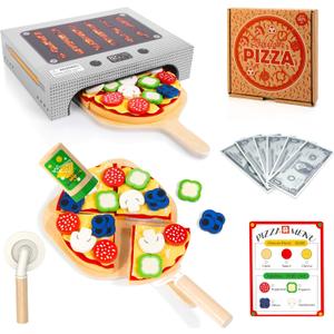 WOODMAM Pizza Toy Set, Montessori Realistic Play Food with Oven Box, Educational Learning Toys for Preschoolers Toddlers Age 3 4 5 6, Christmas Birthday Gift for Kids