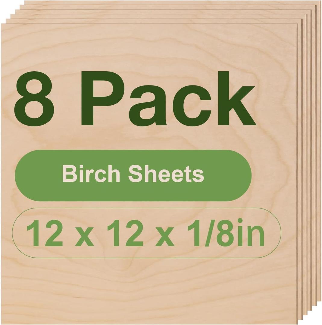 ROBOTIME 8-Pack 3mm Birch Plywood for Laser Cutting - 12 x 12 x 1/8 Inch - Laser Engraving Blanks