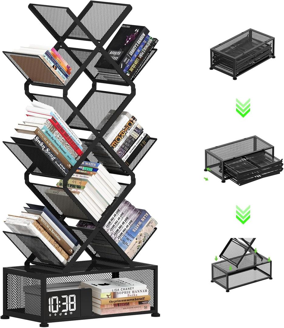 Gintan 9-Tier Space Saving Book Shelf with Storage,Bedroom Shelves Folding Bookshelves,No Installation Required Shelf Tree Metal Bookshelf for Living Room,Study,Home Office,Bed Room (Black)
