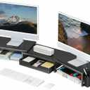 OPNICE Desk Organizers and Accessories, Dual Monitor Stand Riser with Drawer and 2 Pen Holders, Desk Shelf Metal Computer Racks for Office Workspace Organizers, Desktop Organization (Black)