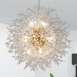 Firework Chandelier Gold, 12-Light Modern Crystal Chandelier Dandelion, 21.6" Stainless Steel Sputnik Pendant Hanging Light for Dining Room Bedroom