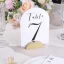 UNIQOOO 10 Pack 3.3" Arch Gold Wood Stand with 1/8" Slot, for Wedding Acrylic Table Number Sign, Wedding Display Stand, Card Holder, Great for Bar Menu, Retail Sign, Party and Events