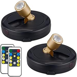 HAMVIDNE Wireless LED Spotlight, Battery Powered Picture Lights, Uplighting Indoor, Puck Lights with Remote, Stick Spot Light for Wall Art Display Dartboard Painting Artwork Accent Closet-Gold