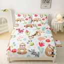 QOOMO Kawaii Sloth Print Kids Fitted Sheet Set, Cute Animal Bedding Set Full Size for Boys Girls, Cooling Breathable Botanical Flowers Sheet Sets,1 Fitted Sheet, 1 Flat Sheet, 2 Pillow Cases