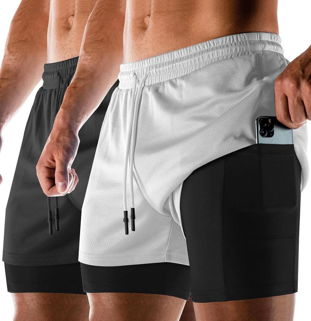 Aolesy Men's 2 in 1 Running Shorts Quick Dry Gym 5" Athletic Workout Shorts with Pockets (Medium, Z Black+white)