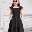 Arshiner Girls Black Dress Double Layer Ruffle Sleeve Off Shoulder Smocked Church Funeral Tween Dresses, Size 14-16