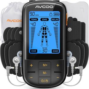 AVCOO 3in1 TENS Unit Muscle Stimulator with 30 Modes, 40 Intensities TENS Machine for Gradual Back Pain Relief Therapy, Rechargeable EMS Unit Massager with 12 TENS Electrode Pads, a Storage Bag