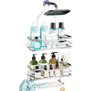 Consumest Shower Caddy Over Head with Soap Holder, No Drilling Hanging Shower Organizer Shelf with 4 Movable Hooks, Rustproof & Waterproof Storage Rack for Bathroom, Black (Large)