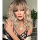 Curly Bob Wig with Bangs Short Wavy Ash Blonde Wigs for Women Lob Haircut Synthetic Heat Resistant Bob Wigs 14IN