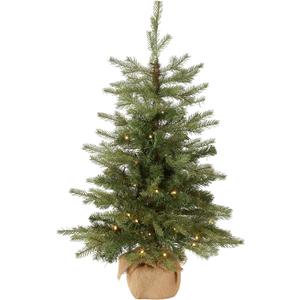 National Tree Company 3 ft Pre-Lit Nordic Spruce Mini Artificial Christmas Tree, Burlap Base, Red Bow, 50 Clear LED Lights, 363 Tips, Timer, Green