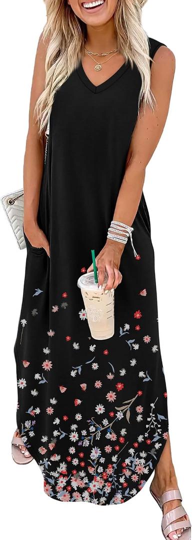 Sampeel Summer Dresses Maxi Dress Vacation Beach Sundresses 2025 with Pockets (Black, M)