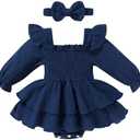 YOUNGER TREE Baby Girl Fall Clothes Infant Long Sleeve Ruffle Romper Dress with Headband Cute Toddler Winter Outfits 3-6M 1Pcs