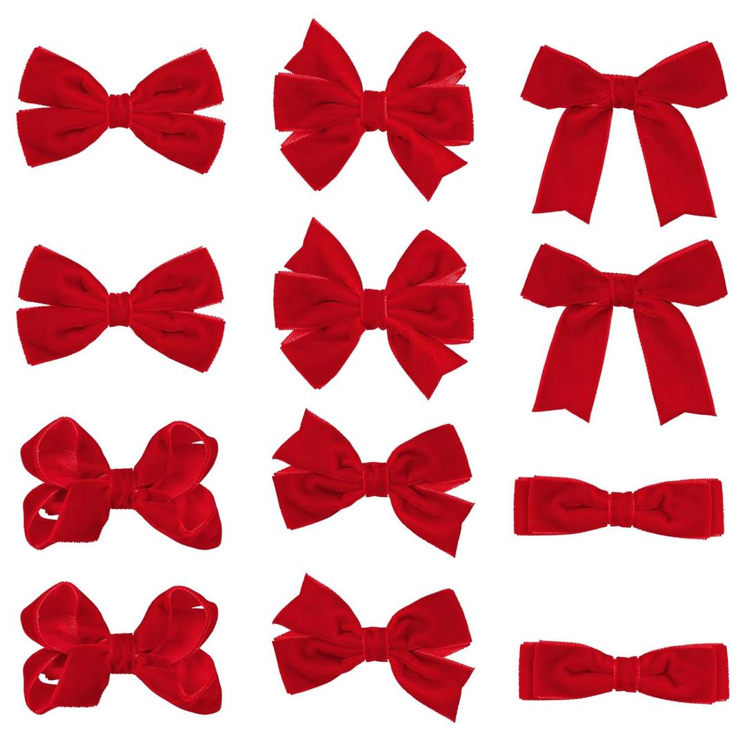 Red Velvet Ribbon Bow Hair Clip 12pcs 3in Christmas Dressy Bow Alligator Barrettes Valentines New Year Ponytail Decor Accessory Small for Little Teen Toddler Baby Girls Kids Gift