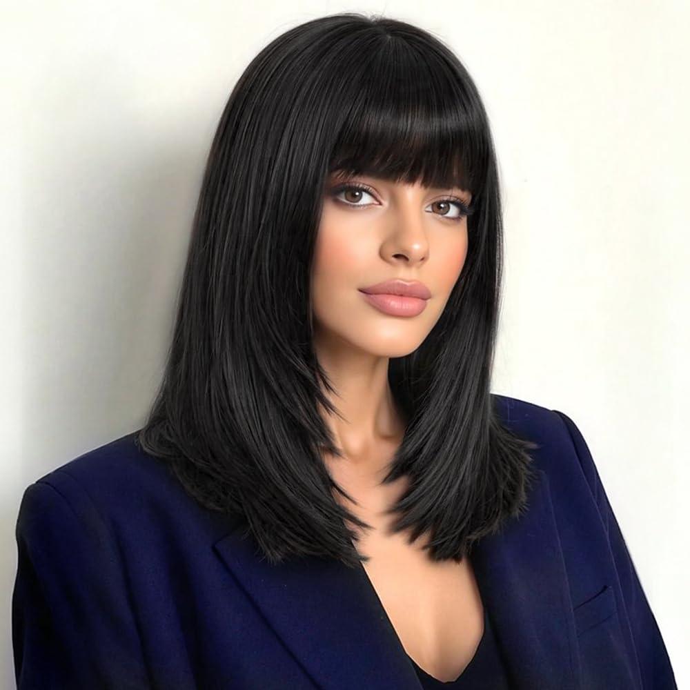 Wig with Bangs for Women Layered Hairstyle Synthetic Heat Resistant for Daily Party Use 16 inch (1B)