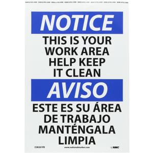 NMC ESN381PB Bilingual OSHA Sign, Legend "NOTICE - THIS IS YOUR WORK AREA HELP KEEP IT CLEAN", 14" Length x 10" Height, Pressure Sensitive Adhesive Vinyl, Black/Blue on White