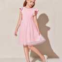 Haloumoning Girls Tutu Dress Ruffle Short Sleeve Fluffy Summer Party Tulle Dress for Kids 7-8Y (Pink)