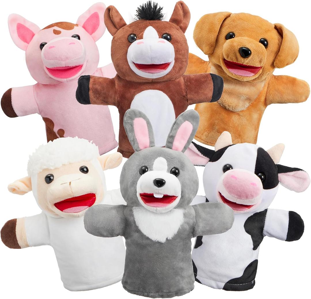 JOYIN 6Pcs Kids Hand Puppet Set with Working Mouth, Toddler Animal Plush Toy Includes Pig, Sheep, Dairy Cow, Dog, Goat, and Horse for Show Theater, Birthday Gifts, Easter Basket Stuffers