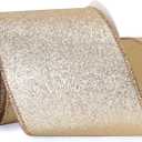 Champagne Crushed Velvet Wired Ribbon 4 Inch Extra Wide Christmas Ribbon with Gold Diamond Lattice Glitter, 10-Yard Roll for Christmas Tree, Wreaths, Bows & Elegant Holiday Décor