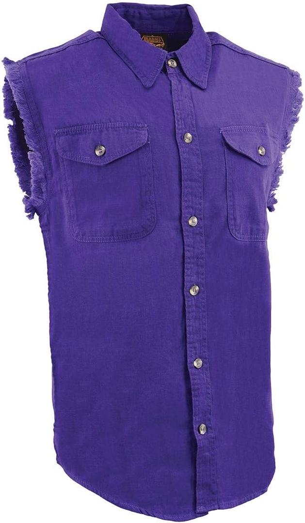 Milwaukee Leather DM1006 Men's Purple Lightweight Denim Shirt with with Frayed Cut Off Sleeveless Look - Medium