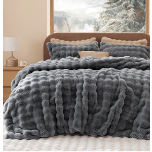 Bedsure Luxurious Faux Fur Duvet Cover Queen Size Set - Ultra Soft & Fluffy & Cozy & Warm - Elegant Shaggy Bubble Design Bedding with Duvet Cover and Pillow Shams, Grey