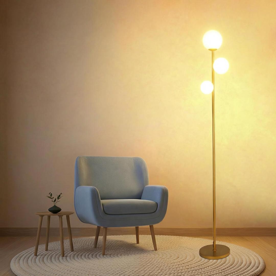 Fiqevs 3 Globe Mid Century Modern Floor Lamp for Living Room, Gold Floor Lamp with Frosted Glass Shade and LED Bulbs, Warm Light Standing Tall Pole Lamp for Bedrooms, Office - Antique Brass