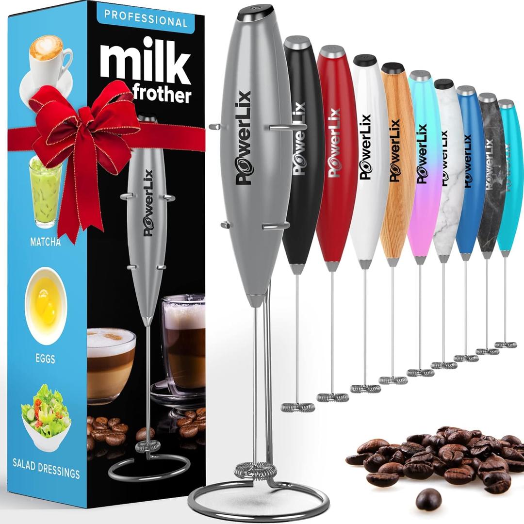 PowerLix Powerful Handheld Milk Frother With Stand Battery Operated Foam Maker Frother Wand For Coffee (Silver)