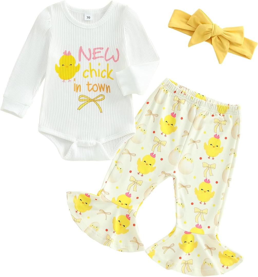 Ayalinggo My First Easter Baby Girl Outfit Easter Bunny Shirt Onesie Romper Bell Bottoms Pants Newborn Easter Clothes (White)