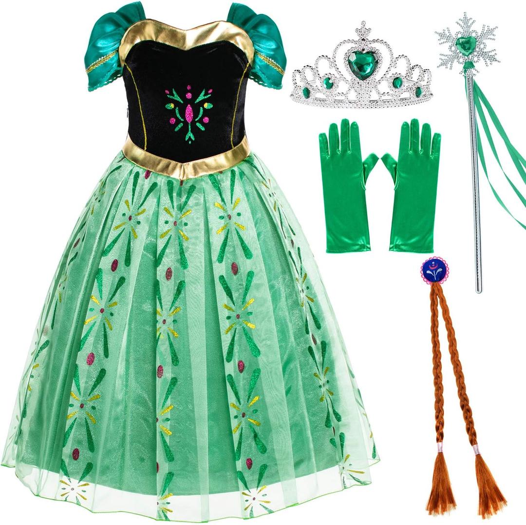 Party Chili Princess Costumes for Girls | ideal for Halloween, Birthday Party Dress Up, Christmas, Pretend Play, With Wig Crown Mace Gloves, 5-6 Years