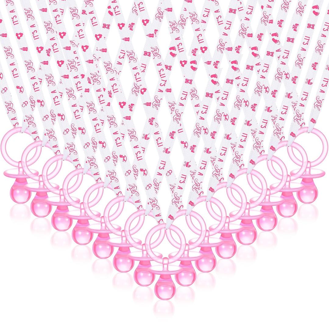 CHENGU 100 Pcs Baby Shower Favors Pacifiers Necklace, Acrylic Pacifiers Necklaces Bulk Favors for Gender Reveal Party Baby Shower Party Decorations Table Scatter(Pink and White)
