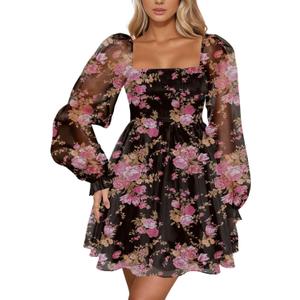 Womens Floral Mini Dress Long Sleeve Square Neck Babydoll Casual A-Line Flowy Short Dress, Size L
