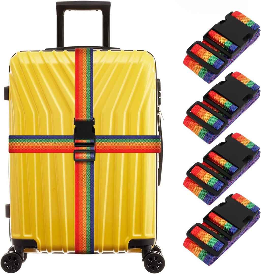 Adjustable Luggage Straps, Wide Travel Secure Belt for Suitcase with Name ID Card, Luggage Accessories to Secure Bag Cargo Safe Quick-Release, Rainbow Color, (Pack of 4) 