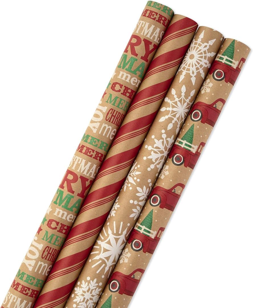 Hallmark Christmas Wrapping Paper Bundle with Cut Lines on Reverse, Kraft (Pack of 4, 88 sq. ft. ttl) Red Trucks, Snowflakes, Stripes, Merry Christmas (5JXW1038), 4 roll