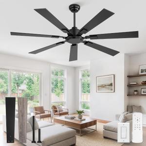 ZMISHIBO 60" Ceiling Fans No Light with Remote, Black Modern Ceiling Fan Without Light, Quiet Reversible DC Motor, 6 Speeds, 7 Blades Indoor/Outdoor Ceiling Fan for Living Room Bedroom Patio Garage