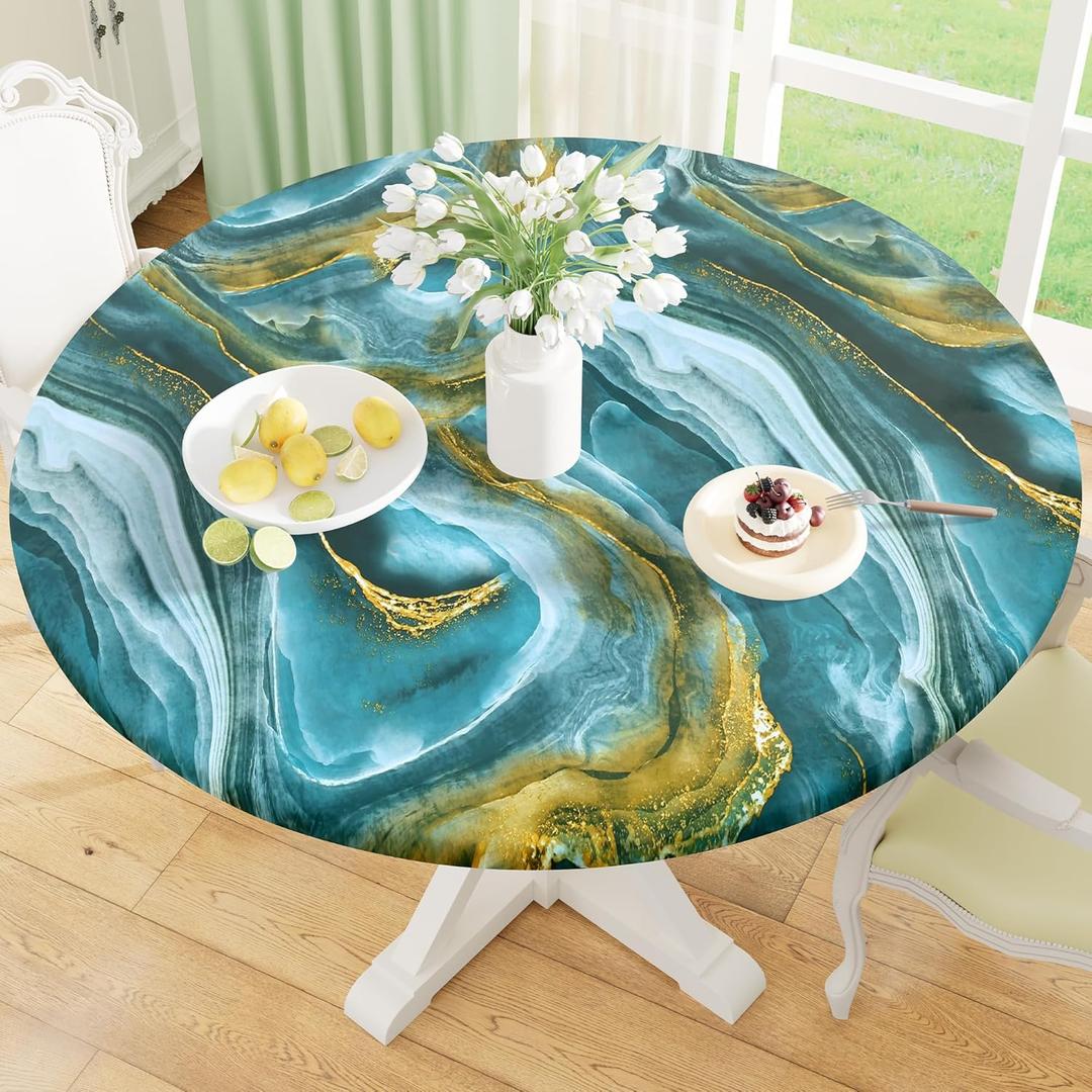Misaya Round Fitted Tablecloth with Elastic Edge, 100% Waterproof Oil Proof Plastic Table Cover, Vinyl Flannel Backed Tablecloth Fits 36"-44" Round Tables for Dinner, Outdoor, Picnic, Ripples