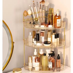 FELIZHOUSE 3-Tier Corner Bathroom Counter Organizer, Bathroom Countertop Shelf Makeup & Skincare Storage with Brush Holder for Vanity, Dresser, Kitchen - Amber