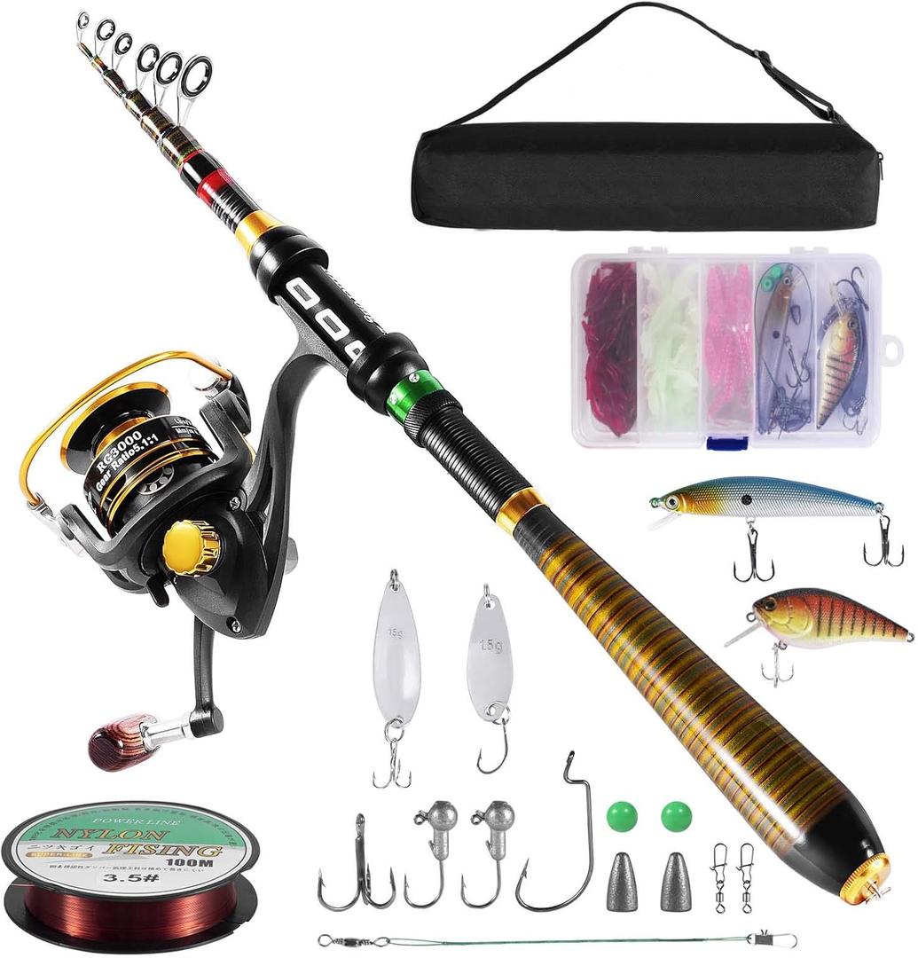 Milerong Fishing Rod and Reel ComboCarbon Fiber Telescopic Fishing Pole with Stainless Steel Spinning Fishing Reel, Portable Travel Fishing Pole Combo for Youth Adults Beginner Saltwater Freshwater (7.87ft)