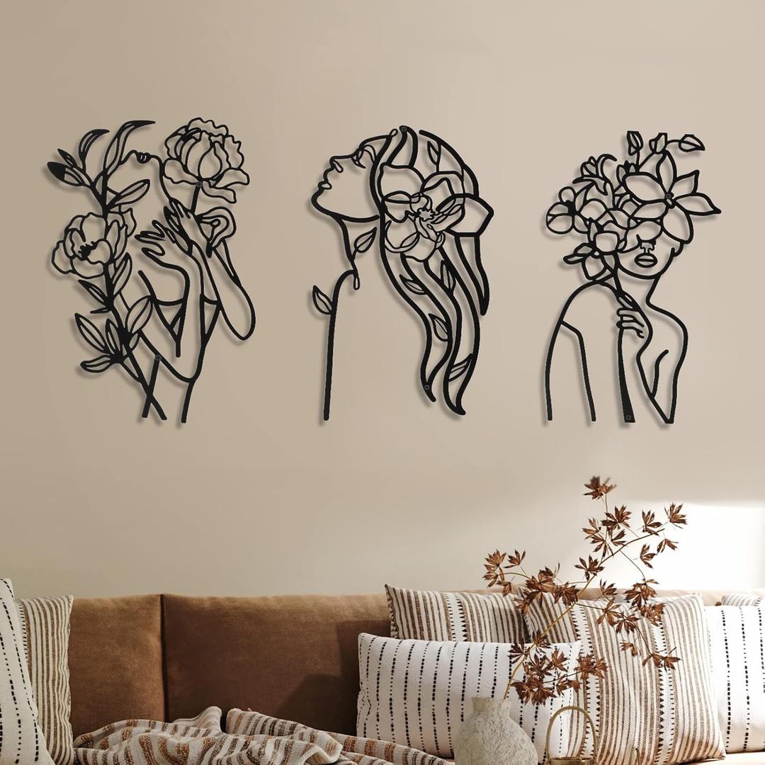 Photect 3 Pcs Metal Wall Art Decor Minimalist Abstract Woman Wall Art Metal Modern Line Drawing Decor Female Single Line Home Hanging for Bedroom Bathroom Living Room Housewarming(Elegant,Black)