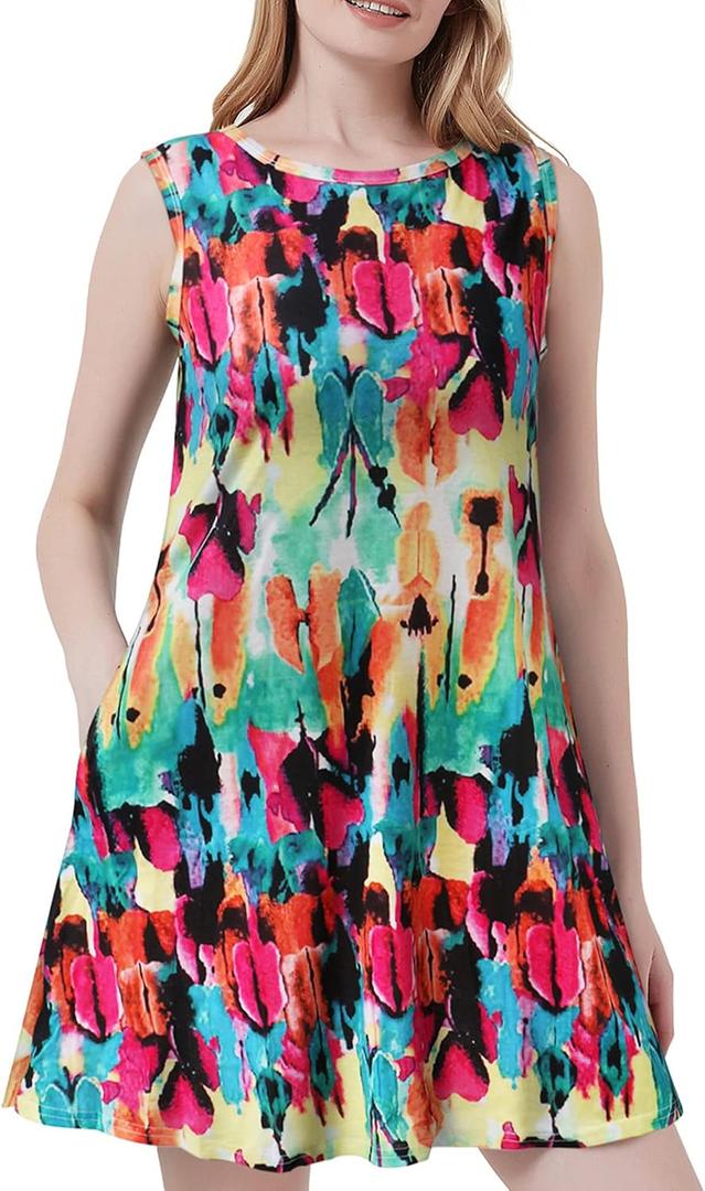 Scotamalone Summer Dresses for Women Casual Beach Travel Vacation Floral Tshirt Sundress Tank Dress Sleeveless with Pockets (L)