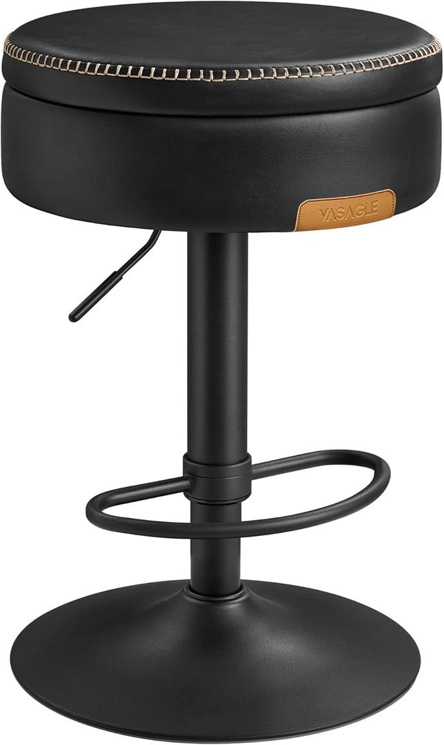 VASAGLE EKHO Collection - 360 Swivel Bar Stool, Height Adjustable Barstool with Storage, Synthetic Leather with Stitching, Mid-Century Modern, Kitchen Bar, Easy Assembly, Ink Black