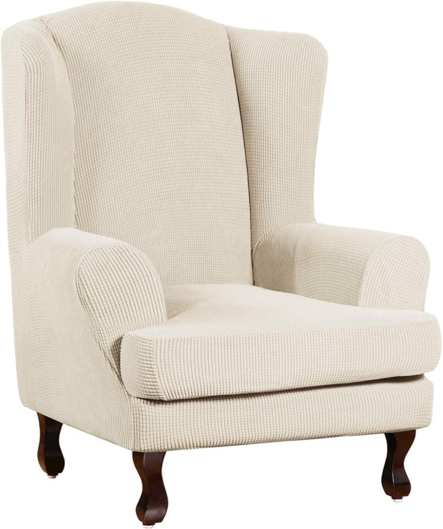 Turquoize Wingback Chair Covers 2 Piece Wing Chair Slipcover Stretch Slipcovers for Wingback Chairs Wing Chair Cover Spandex Jacquard Fabric with Elastic Bottom Non-Slip Furniture Cover, Ivory