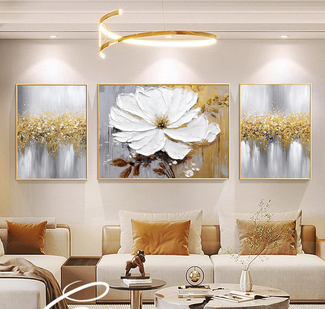 Hand-Painted Floral Canvas Oil Painting for Living Room,Framed 3D Gold and White Abstract Wall Art for Bedroom, Large 3 Pieces Flowerl Wall Painting for Office Kitchen Bathroom Home Decor 24x64 inches, 24x32inches x1+16x24inches x2